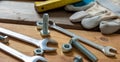 Spanner nut and boltl on wooden background. Hand tool for repair and construction, closeup view Royalty Free Stock Photo