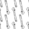 Vector seamless spanner pattern. geometrically positioned wrench, hand-drawn in sketch style outline in black on white