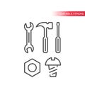 Spanner or wrench, bolt, nut and screwdriver hardware tools thin line icon set. Royalty Free Stock Photo