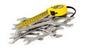 Spanner, wrench, key and roulette, tape-measure on