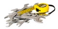 Spanner, wrench, key and roulette, tape-measure on