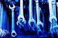 Spanners. Many wrenches in the tool shop. Industrial background Royalty Free Stock Photo