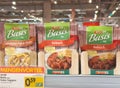 Spar soup bases in store display with champignon-rahm pasta and gulasch options Royalty Free Stock Photo