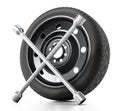 Spare car tyre and wheel nut wrench.3D illustration