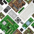 Spare part for personal computer. PC or laptop accessories. Board RAM memory. Seamless pattern. Motherboard and video Royalty Free Stock Photo