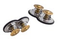 Set of two thermostats of the truck engine cooling system. Spare parts on white background