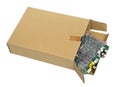 Spare parts and electronic video components packed in soft red bug and cardboard box isolated