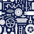 Spare parts seamless pattern. Auto service and repair background. Decorative design with gears and wheels, valve and Royalty Free Stock Photo