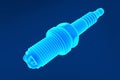 3D rendering. Spare parts spark plugs on blue background