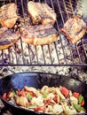 Spare ribs and vegetable grill pan on a grill Royalty Free Stock Photo