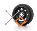 Spare tyre, jack and wheel wrench on white background. 3D illustration