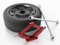 Spare tyre, jack and wheel wrench on white background. 3D illustration