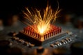Spark Eruption from Microchip with Red Pins in Dark Background Capturing Electronic Energy Royalty Free Stock Photo