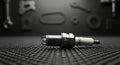 Spark Plug Close-Up on Textured Surface with Tools in Background Royalty Free Stock Photo