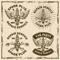 Spark plug with wings, car repair service set of four vector emblems, logos, badges, labels, stickers in vintage style Royalty Free Stock Photo