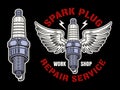 Spark plug with wings vector illustration in colored style on dark background. Repair service vintage emblem, logo Royalty Free Stock Photo