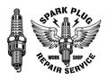 Spark plug with wings vector illustration in monochrome style isolated on white background. Repair service vintage Royalty Free Stock Photo