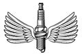 Spark plug with wings vector vintage black and white illustration in isolated on white background Royalty Free Stock Photo