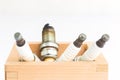 Spark plug in wood box Royalty Free Stock Photo