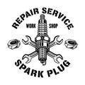 Spark plug and wrenches vector emblem, logo, badge, label, sticker in monochrome style isolated on white background Royalty Free Stock Photo
