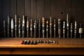 spark plugs arranged in a row on a workbench