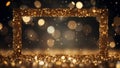 Sparking shiny frame with golden blurred lights on black backgound for holidays card. Christmas concept. Generative AI