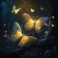 Sparkle butterflies fly in fairy tale night forest Royalty Free Stock Photo