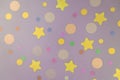 Sparkle glitter confetti woth dots and stars on pastel lilac background. Shiny girly backdrop for your design. Festive Royalty Free Stock Photo