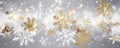 christmas decoration snow abstract snowflake winter holiday background gold season white. Generative AI. Royalty Free Stock Photo