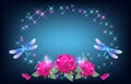 Sparkle oval frame with dragonfly and roses with shiny smoke and glowing stars frame with dragonfly and roses with shiny smoke and