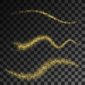 Golden glittering magic vector waves with gold particles isolated on black background. Glitter bright trail, glowing Royalty Free Stock Photo