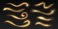 Sparkle stardust. Magic glittering dust waves, golden glowing star trails, Christmas shining light effects. Vector