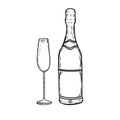 Sparkled wine bottle and glass line drawing isolated on white background Royalty Free Stock Photo