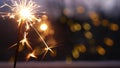 Sparkler firework burning on window, New Year or Christmas bengal lights glowing Royalty Free Stock Photo