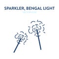 Sparkler icon. Vector outline illustration of an ignited bengal light creating bright fire flashes. Bengal light icon