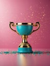 Sparkles pink blue background with a winners cup. Champion golden trophy on pink blue background. Concept of