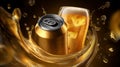 Sparkling beverage cans with splash in golden light. AI image Royalty Free Stock Photo