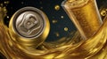 Sparkling beverage cans with splash in golden light. AI image Royalty Free Stock Photo