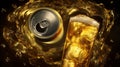 Sparkling beverage cans with splash in golden light. AI image Royalty Free Stock Photo