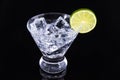 Sparkling beverage in a martini glass with a lime slice on a black background Royalty Free Stock Photo