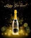 Sparkling bottle of champagne with golden serpentine on black background, bokeh effect with happy new year sign Royalty Free Stock Photo