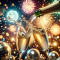 Sparkling champagne, colorful fireworks and disco decoration