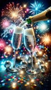 Sparkling champagne. Colorful fireworks and disco decoration. New Years background with fireworks