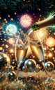 Sparkling champagne, colorful fireworks and disco decoration. 80s style design
