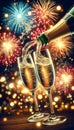 Sparkling champagne pouring into glasses from a bottle. Colorful fireworks and lights. New Years background