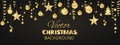 Sparkling Christmas glitter ornaments on black background. Golden fiesta border. Festive garland with hanging balls and