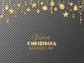 Sparkling Christmas glitter ornaments. Golden fiesta border. Festive garland with hanging balls and ribbons isolated on