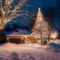 Sparkling Christmas lights illuminating a snowy neighborhood at night