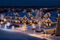 Sparkling Christmas lights illuminating a snowy neighborhood at night