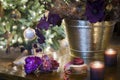 Sparkling Chritsmas decorations on wooden table